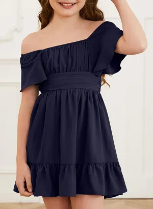 Girls Elegant Ruffle Short Sleeve Back Tie Dresses 6-13 Years Old