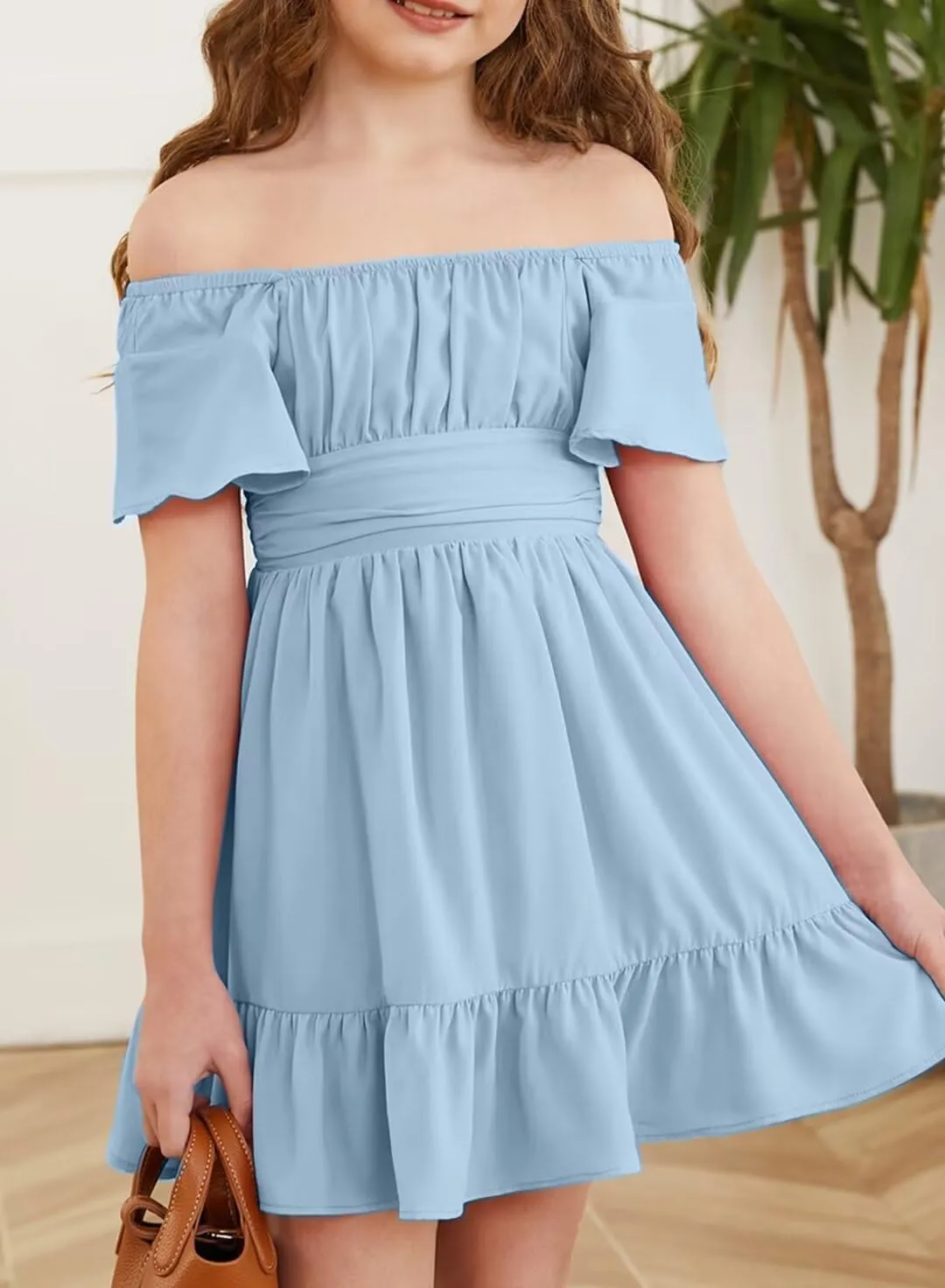 Girls Elegant Ruffle Short Sleeve Back Tie Dresses 6-13 Years Old