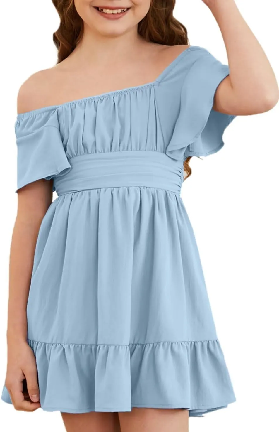 Girls Elegant Ruffle Short Sleeve Back Tie Dresses 6-13 Years Old