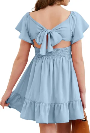 Girls Elegant Ruffle Short Sleeve Back Tie Dresses 6-13 Years Old