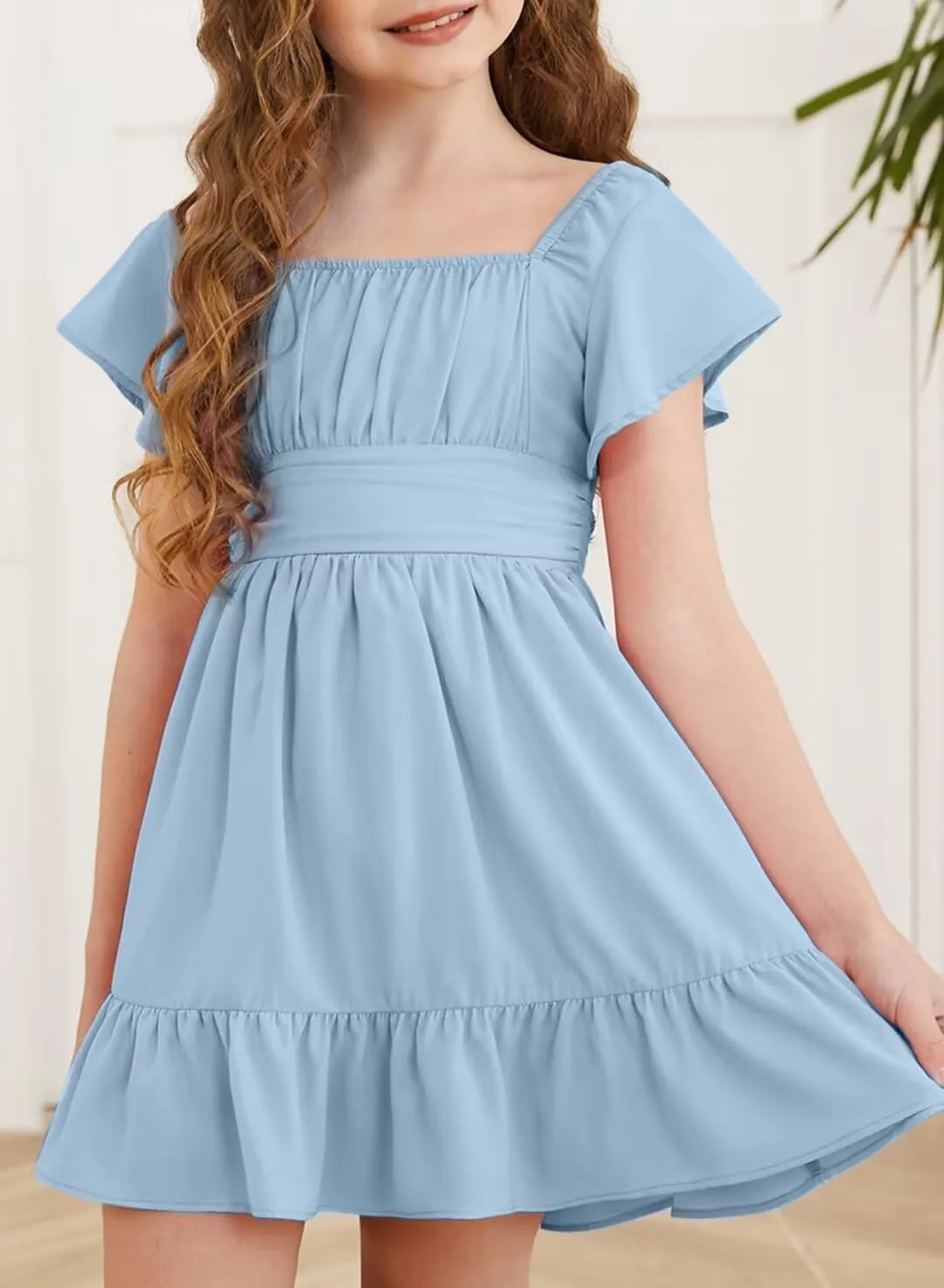 Girls Elegant Ruffle Short Sleeve Back Tie Dresses 6-13 Years Old