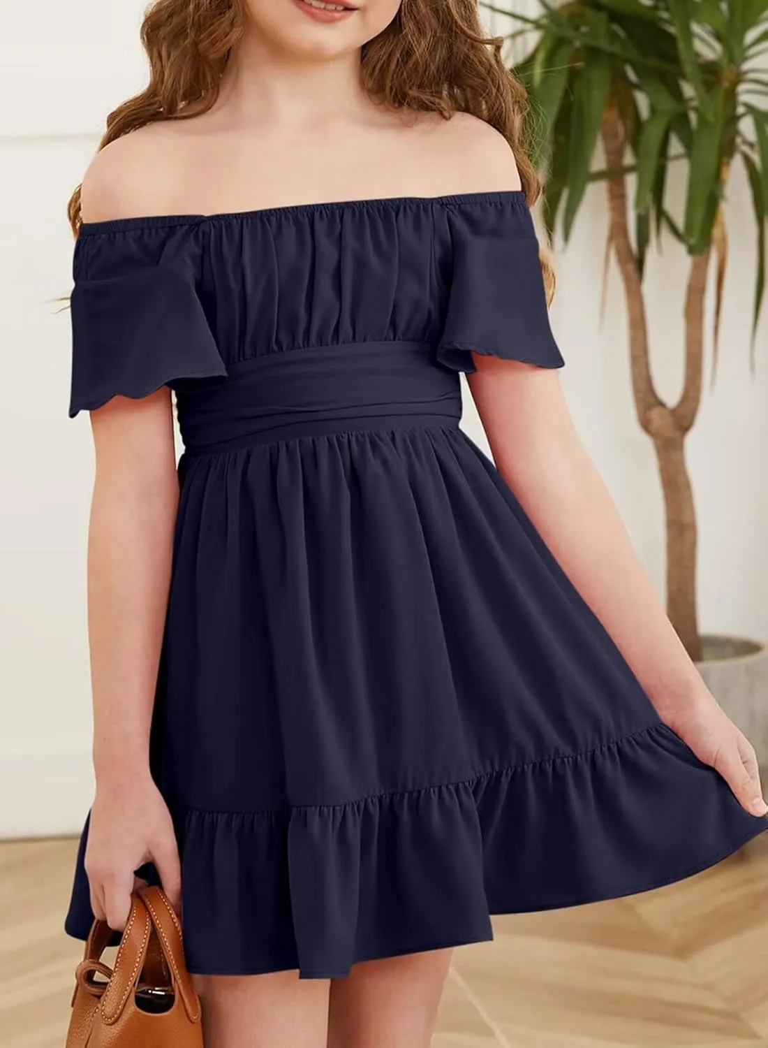 Girls Elegant Ruffle Short Sleeve Back Tie Dresses 6-13 Years Old
