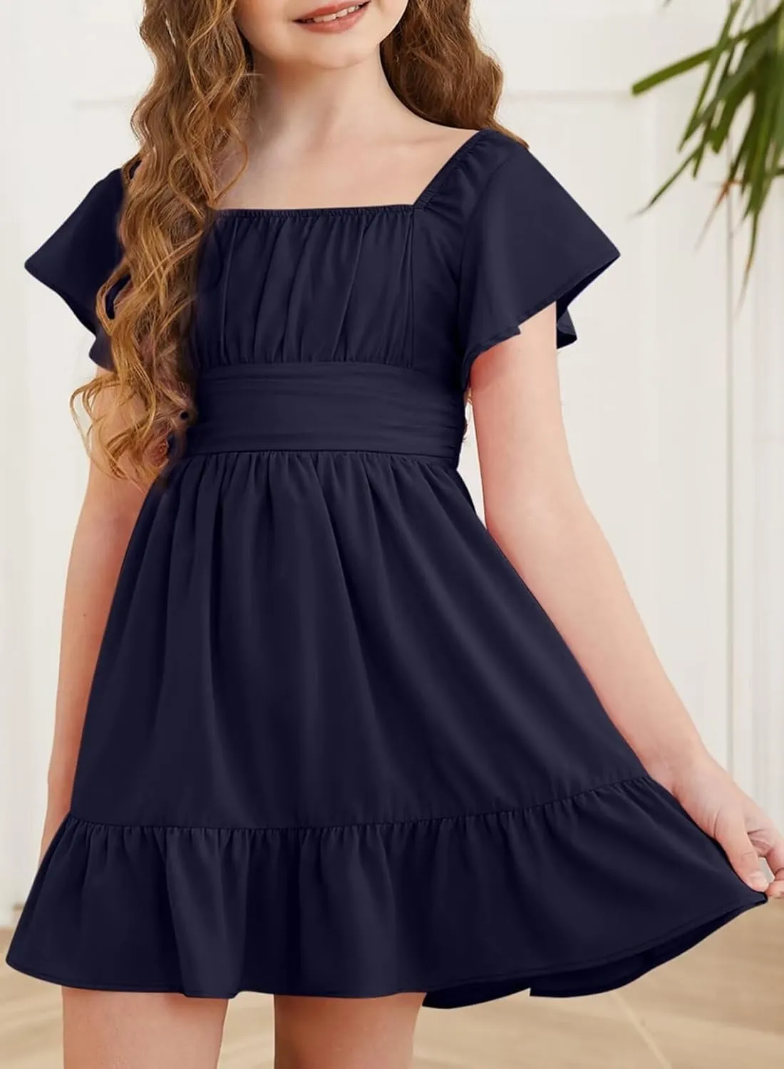 Girls Elegant Ruffle Short Sleeve Back Tie Dresses 6-13 Years Old