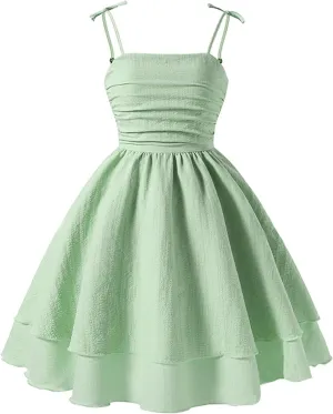 Girl's Smocked Ruched A Line Swing Dress Layered Tie Shoulder Flowy Cami Dress