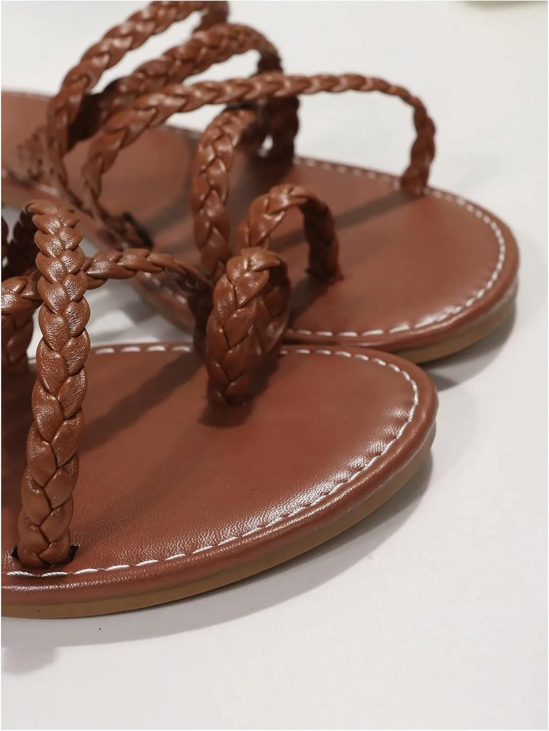 GORGLITTER Women's Braided Toe Ring Brown Sandals Dressy Crisscross Strappy Flats Open Toe Slip On Slides 2025