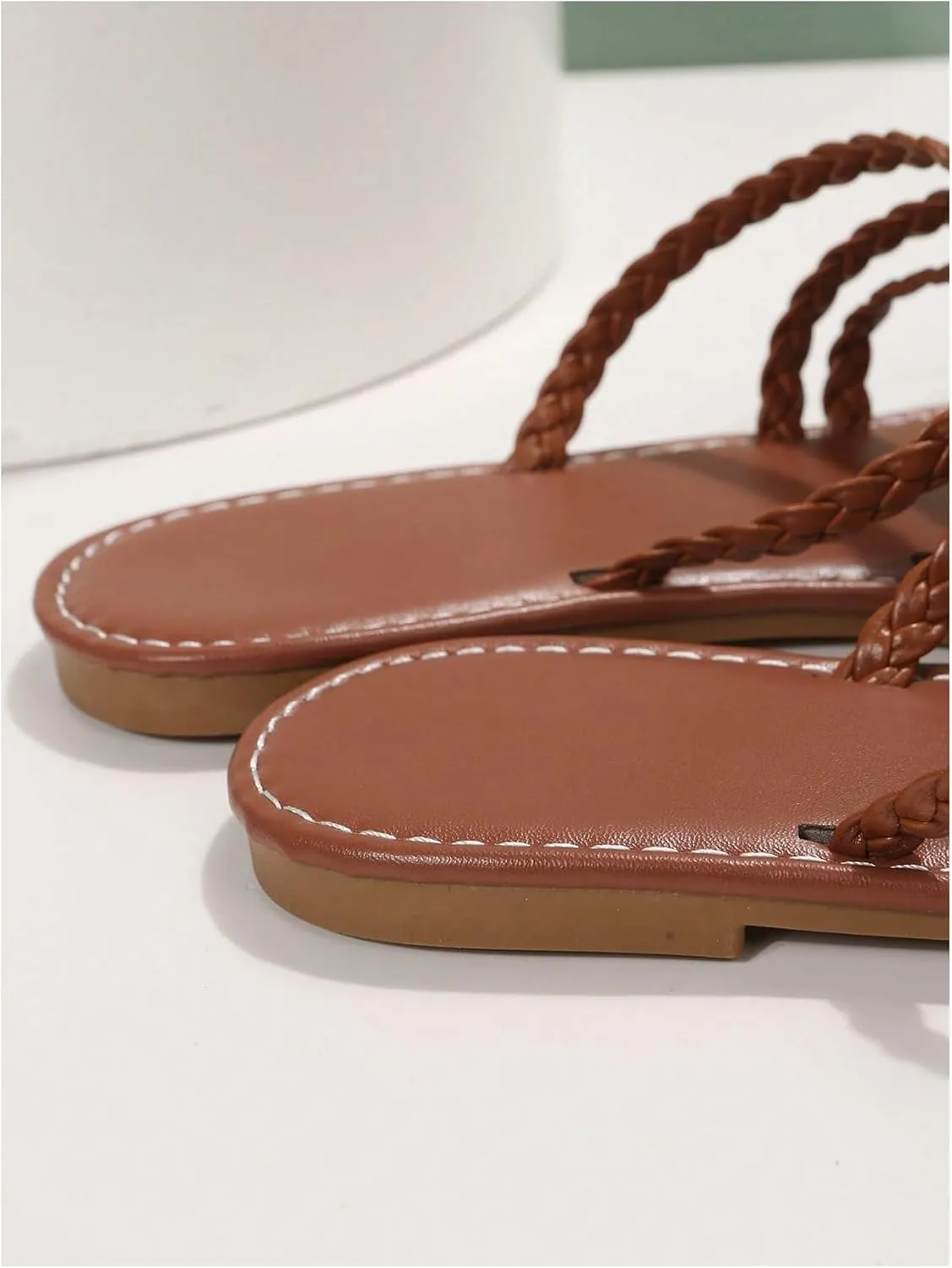 GORGLITTER Women's Braided Toe Ring Brown Sandals Dressy Crisscross Strappy Flats Open Toe Slip On Slides 2025