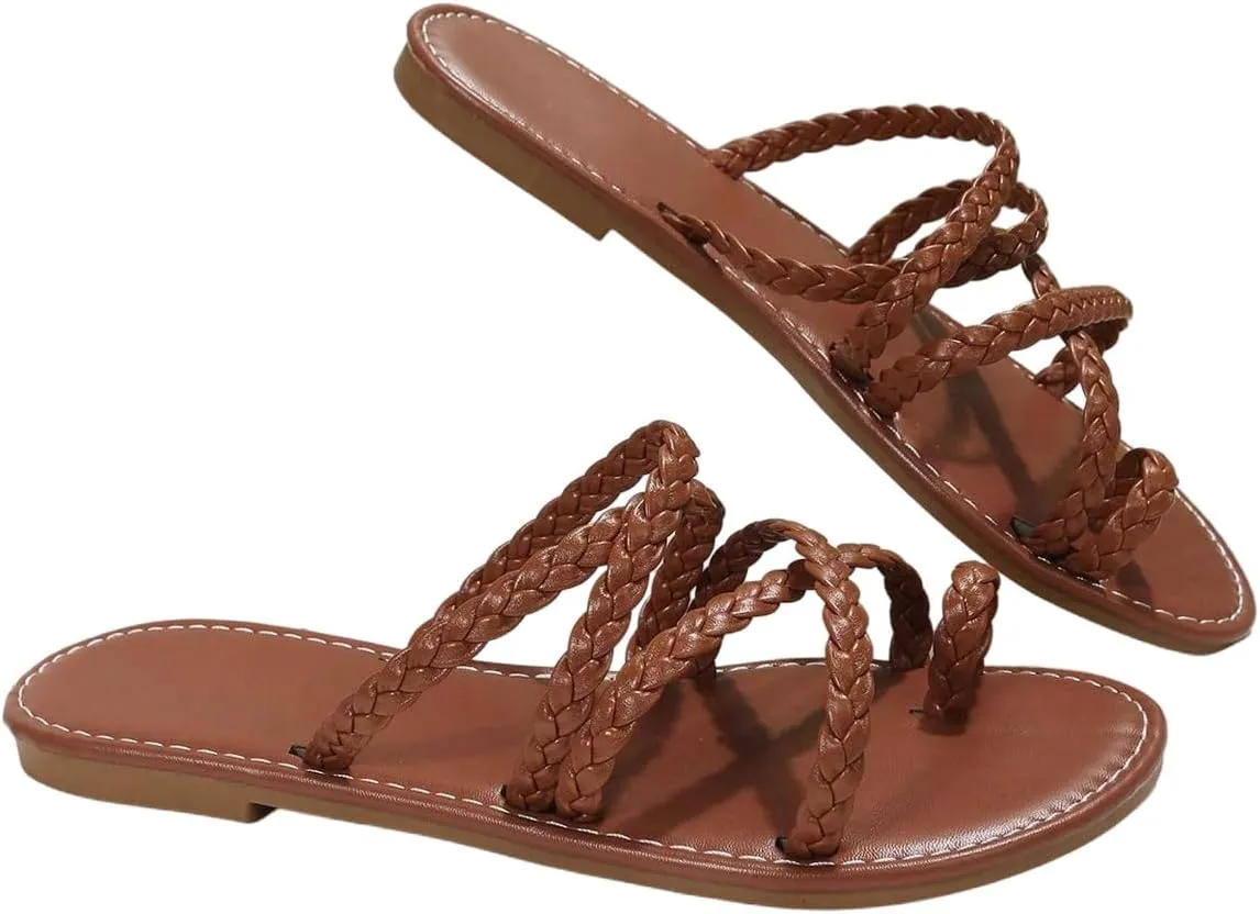 GORGLITTER Women's Braided Toe Ring Brown Sandals Dressy Crisscross Strappy Flats Open Toe Slip On Slides 2025