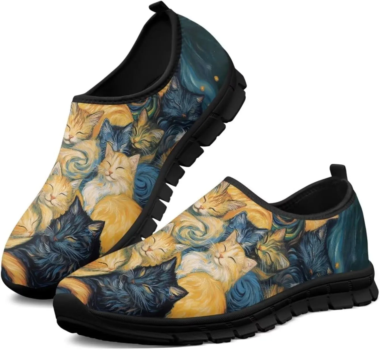 GOSTONG Floral Art Sneakers for Women Comfy Soft Sole Non Slip Walking Sneakers for Outdoor Travel Easy Slip on Lightweight Indoor Loafers Black US 5.5-11.5