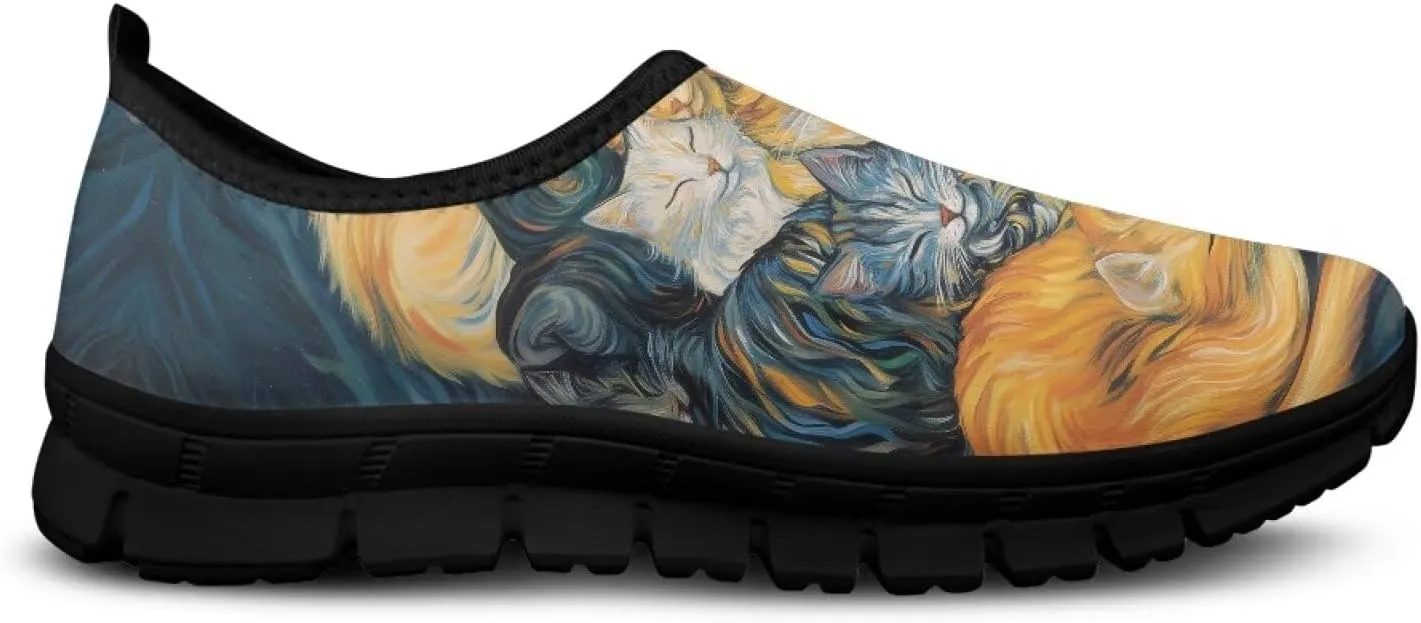 GOSTONG Floral Art Sneakers for Women Comfy Soft Sole Non Slip Walking Sneakers for Outdoor Travel Easy Slip on Lightweight Indoor Loafers Black US 5.5-11.5