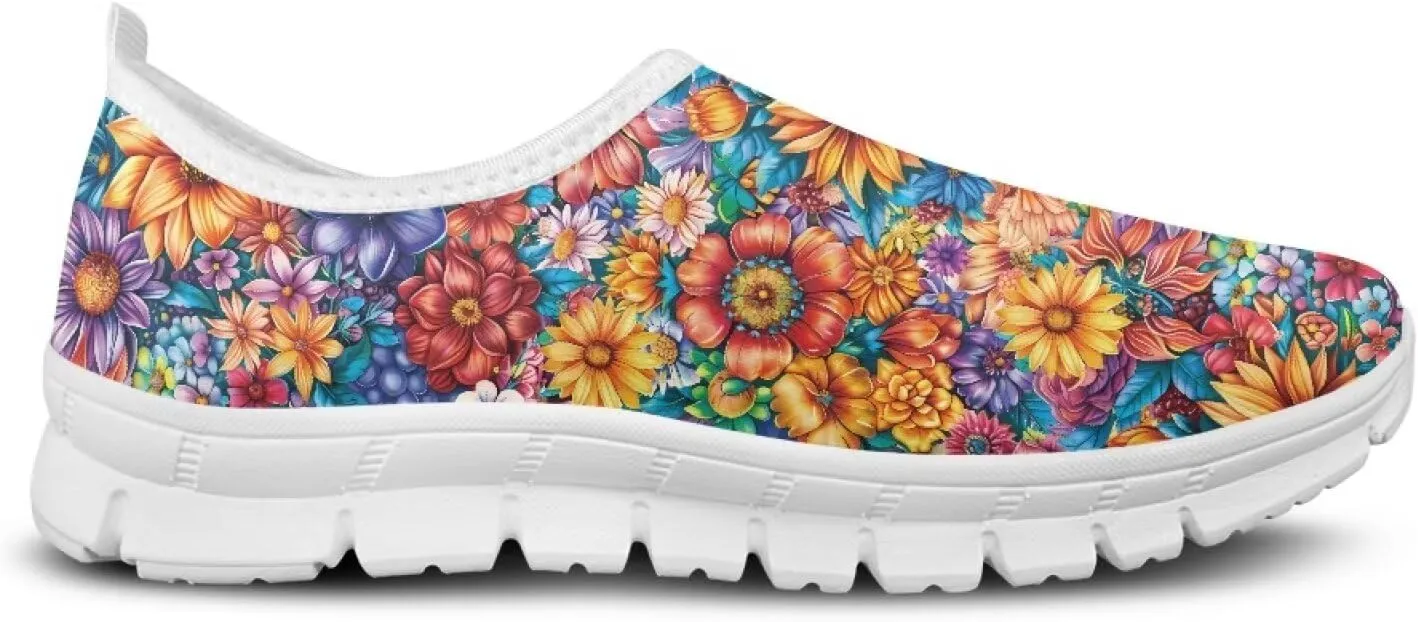GOSTONG Floral Art Sneakers for Women Retro Low-Cut Slip-on Home Loafers Lightweight Soft Soled Comfort Outdoor Running Travel Sneakers White US 5 to 11.5