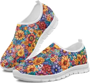 GOSTONG Floral Art Sneakers for Women Retro Low-Cut Slip-on Home Loafers Lightweight Soft Soled Comfort Outdoor Running Travel Sneakers White US 5 to 11.5