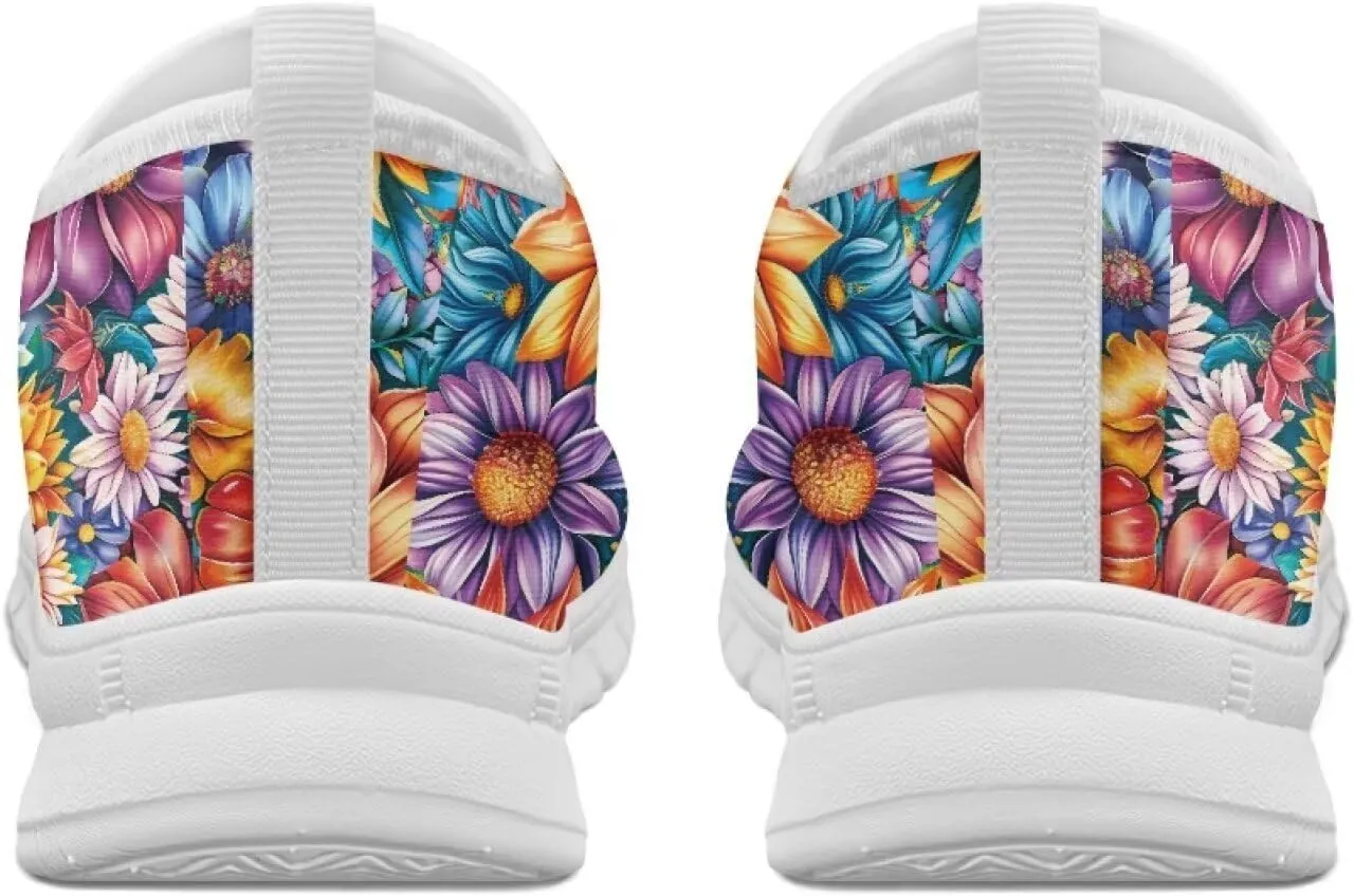 GOSTONG Floral Art Sneakers for Women Retro Low-Cut Slip-on Home Loafers Lightweight Soft Soled Comfort Outdoor Running Travel Sneakers White US 5 to 11.5