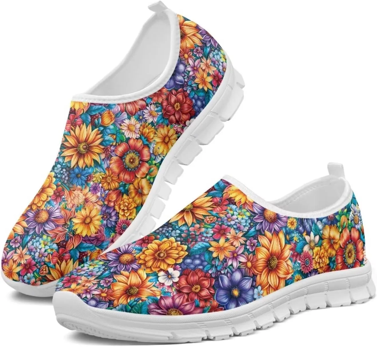 GOSTONG Floral Art Sneakers for Women Retro Low-Cut Slip-on Home Loafers Lightweight Soft Soled Comfort Outdoor Running Travel Sneakers White US 5 to 11.5