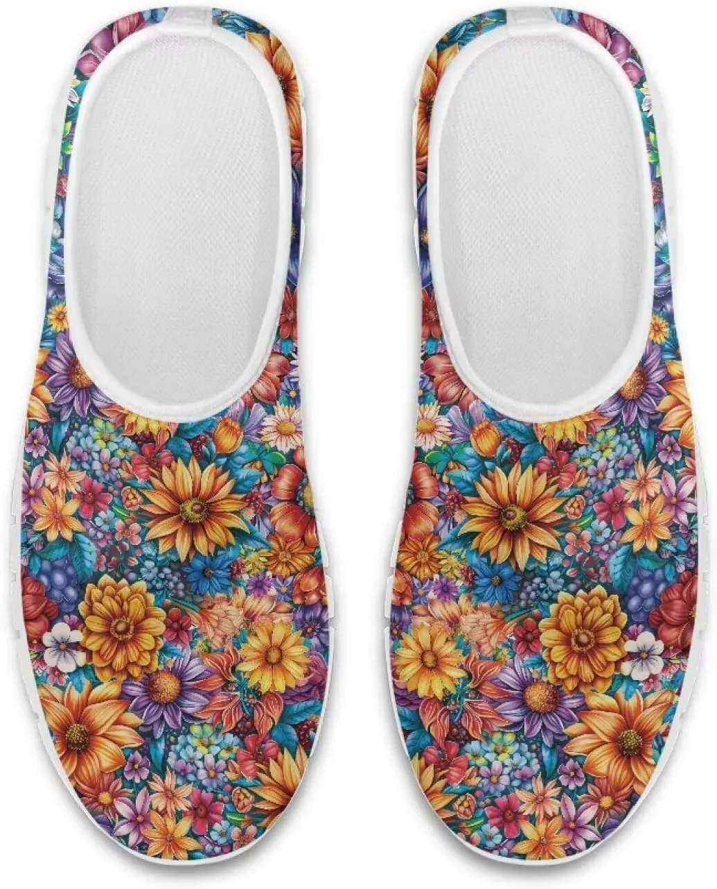 GOSTONG Floral Art Sneakers for Women Retro Low-Cut Slip-on Home Loafers Lightweight Soft Soled Comfort Outdoor Running Travel Sneakers White US 5 to 11.5
