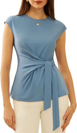 GRACE KARIN Womens Cap Sleeve Tops 2025 Summer Tie Waist Crew Neck Elegant Blouse Dressy Casual Work Business Shirts