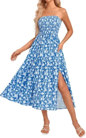 GRACE KARIN Women's Summer Strapless Dress Smocked Casual Beach Party Long Maxi Dresses with Pockets