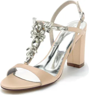 Hanfike Ladies Evening Sandals Slingback T-Strap Chunky Heel Bridal Wedding Shoes JY102