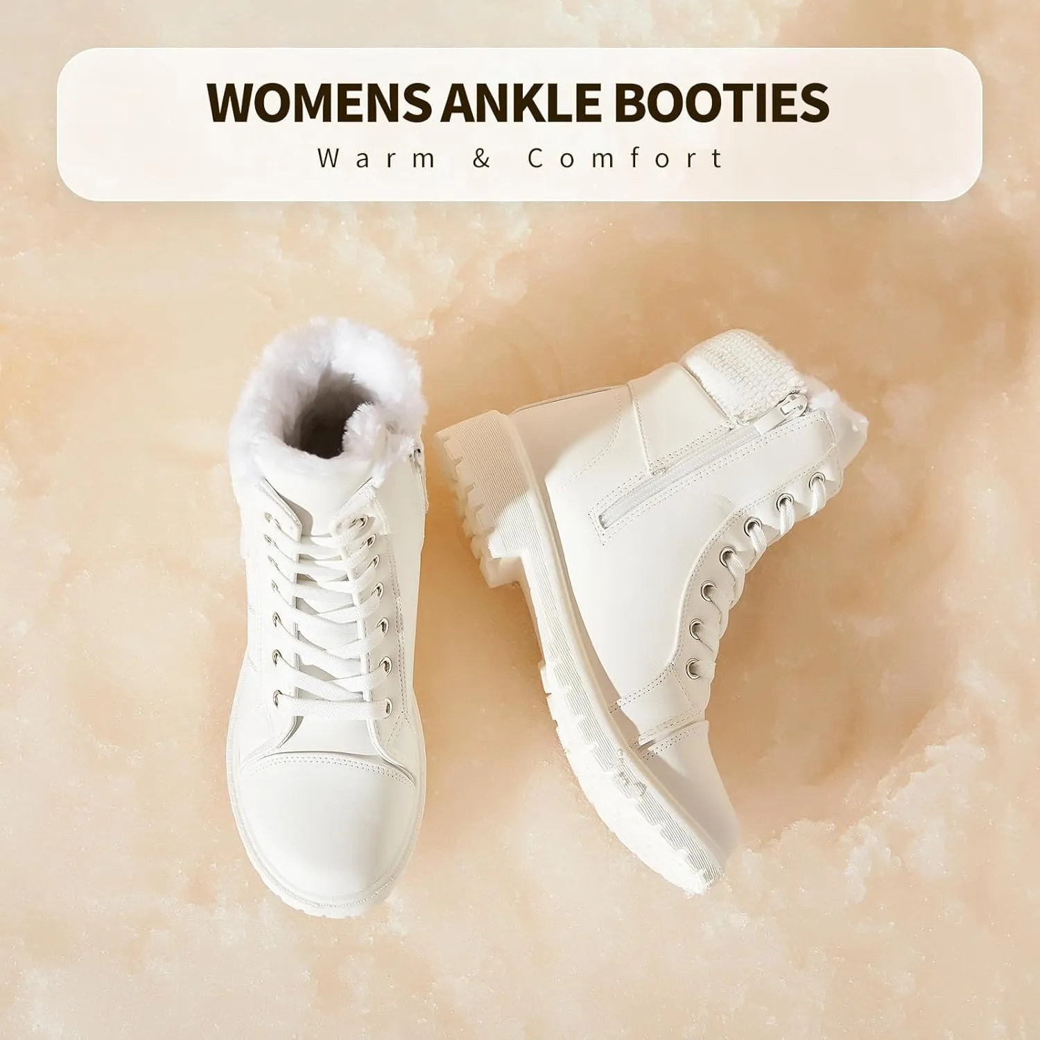 hash bubbie Women's Waterproof Ankle Boots Non Slip Combat Boots Black Fuzzy Winter Boots White Lace up Snow Boots for women Fall Boots with Zipper