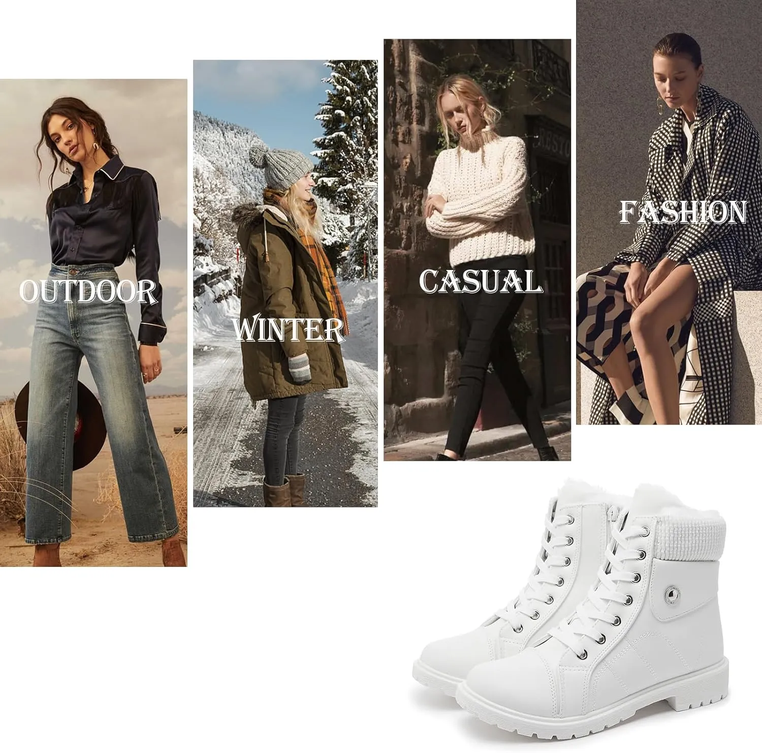 hash bubbie Women's Waterproof Ankle Boots Non Slip Combat Boots Black Fuzzy Winter Boots White Lace up Snow Boots for women Fall Boots with Zipper