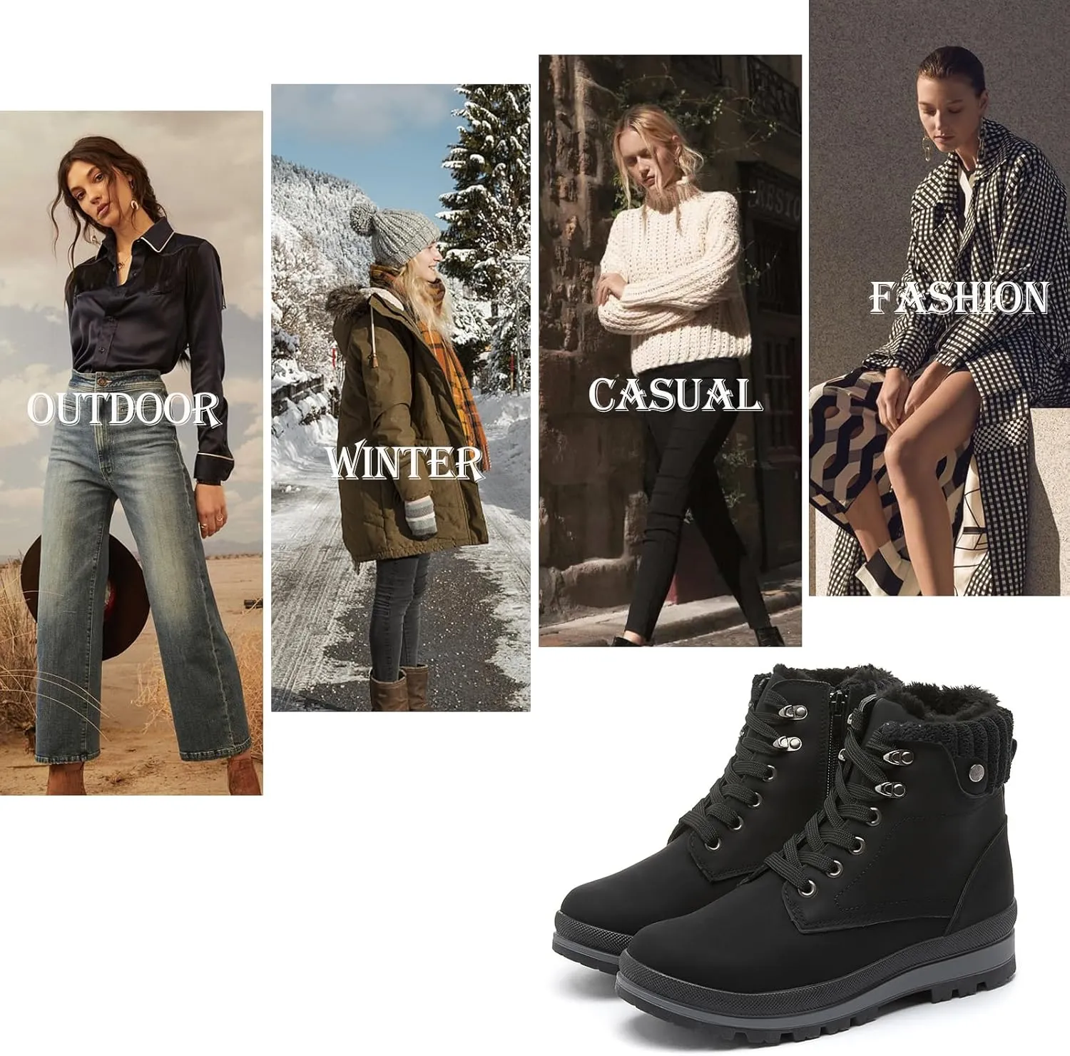 hash bubbie Women's White Combat Boots Black Platform Boots Non Slip Waterproof Ankle Boots Fall Winter Hiking Boots Fuzzy Snow Boots for women with Zipper