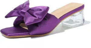 Heiyom Women's Square Toe Low Block Chunky Heels Mules Sandals Bowknot Slip on Clear Heels Wedding Bridal Party Dress Shoes