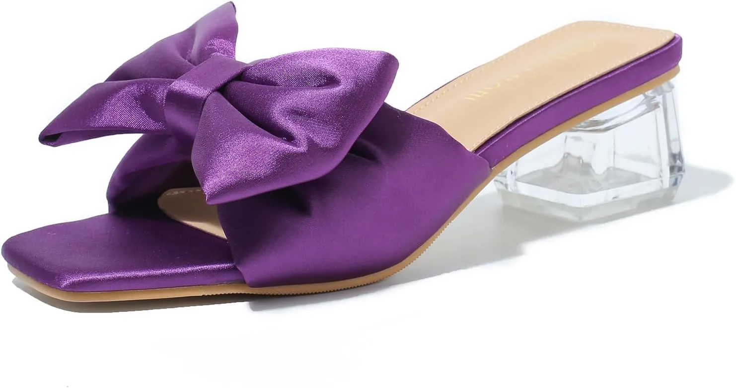 Heiyom Women's Square Toe Low Block Chunky Heels Mules Sandals Bowknot Slip on Clear Heels Wedding Bridal Party Dress Shoes