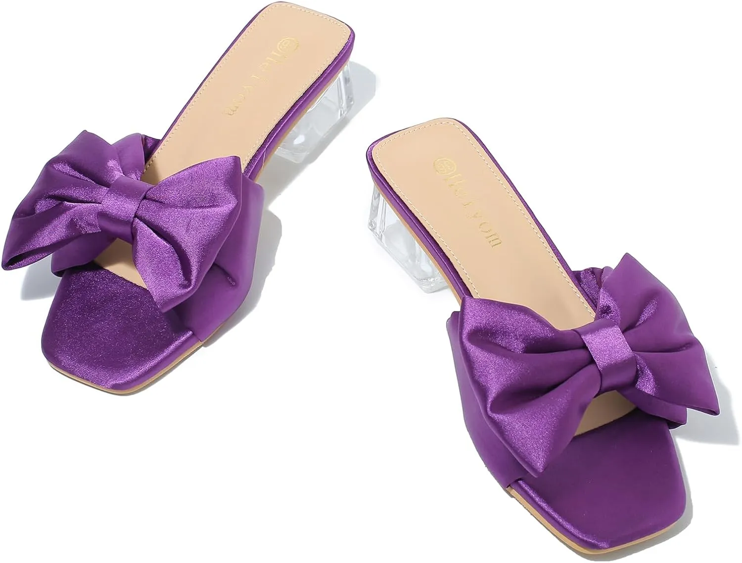 Heiyom Women's Square Toe Low Block Chunky Heels Mules Sandals Bowknot Slip on Clear Heels Wedding Bridal Party Dress Shoes