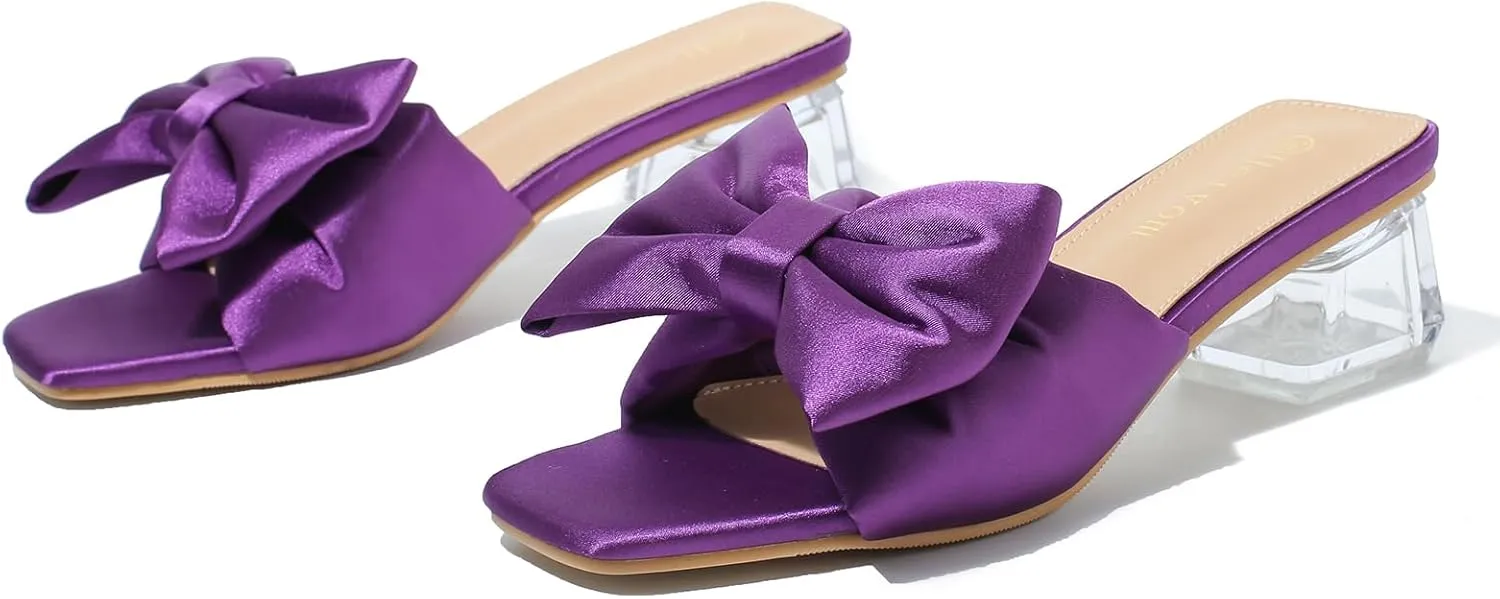 Heiyom Women's Square Toe Low Block Chunky Heels Mules Sandals Bowknot Slip on Clear Heels Wedding Bridal Party Dress Shoes