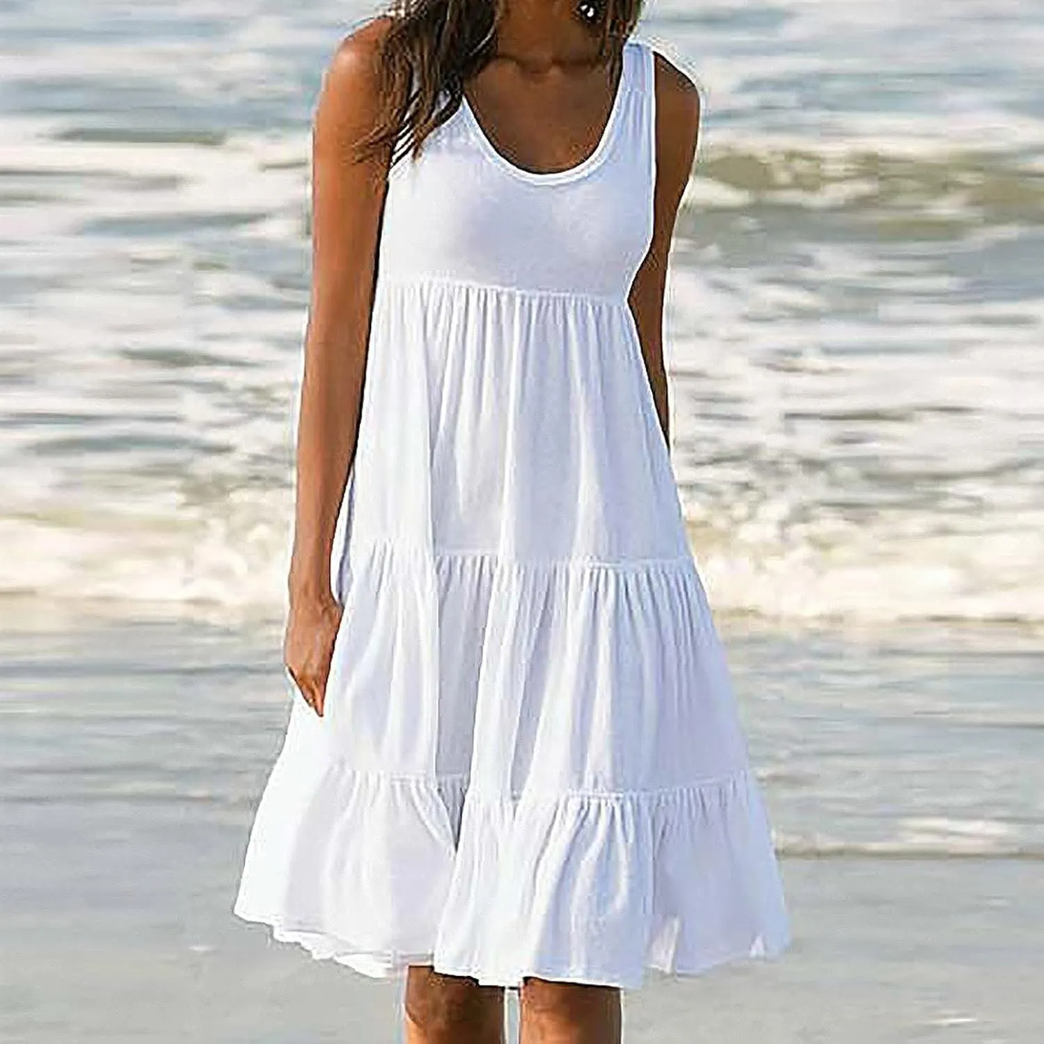 HHmei Women's Summer Sleeveless Round Neck Solid Color Splicing Big Swing Beach Dress