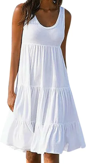 HHmei Women's Summer Sleeveless Round Neck Solid Color Splicing Big Swing Beach Dress