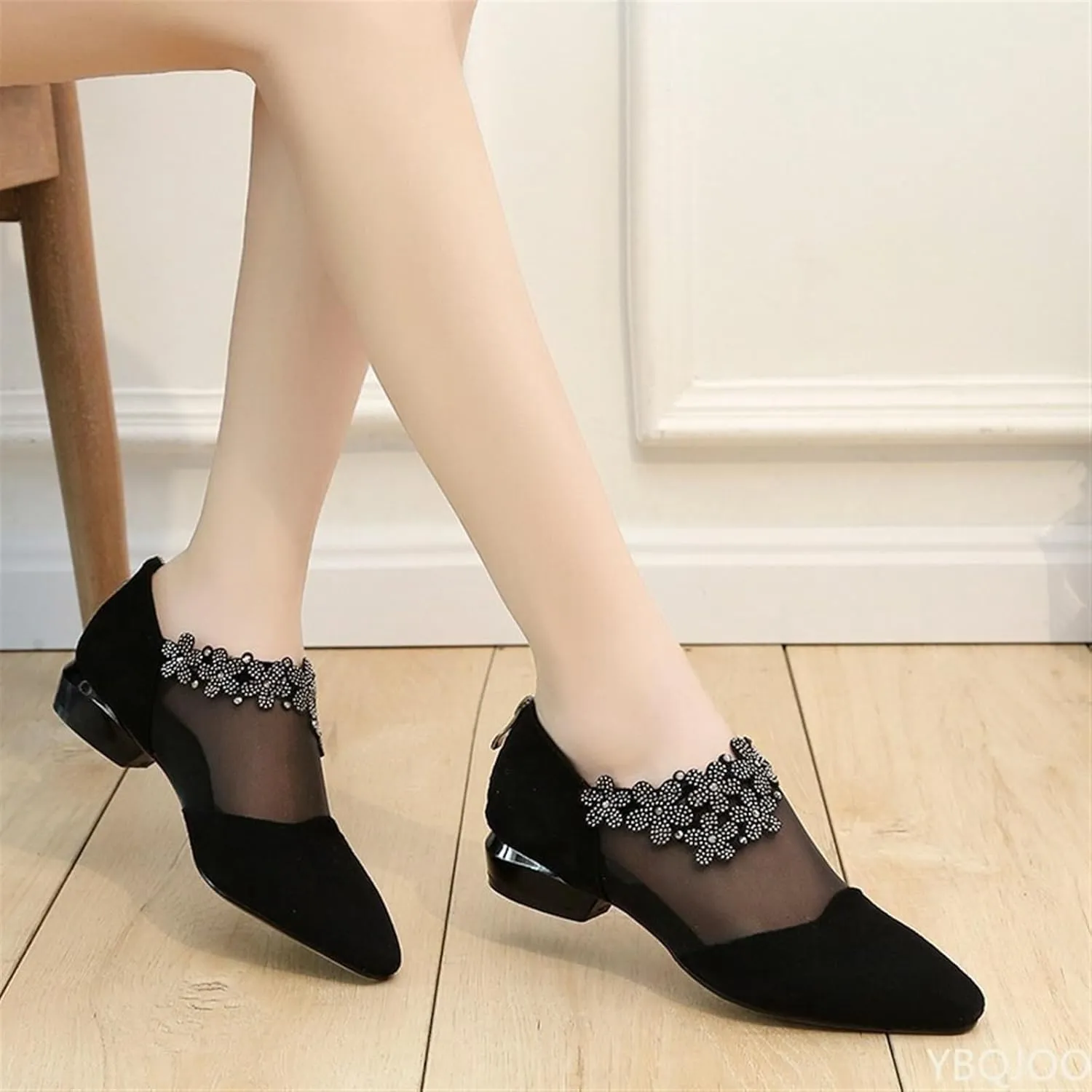 High Heels Elegant Rhinestone Flower Sandals for Women Summer Mesh Light Square Heel Footwear