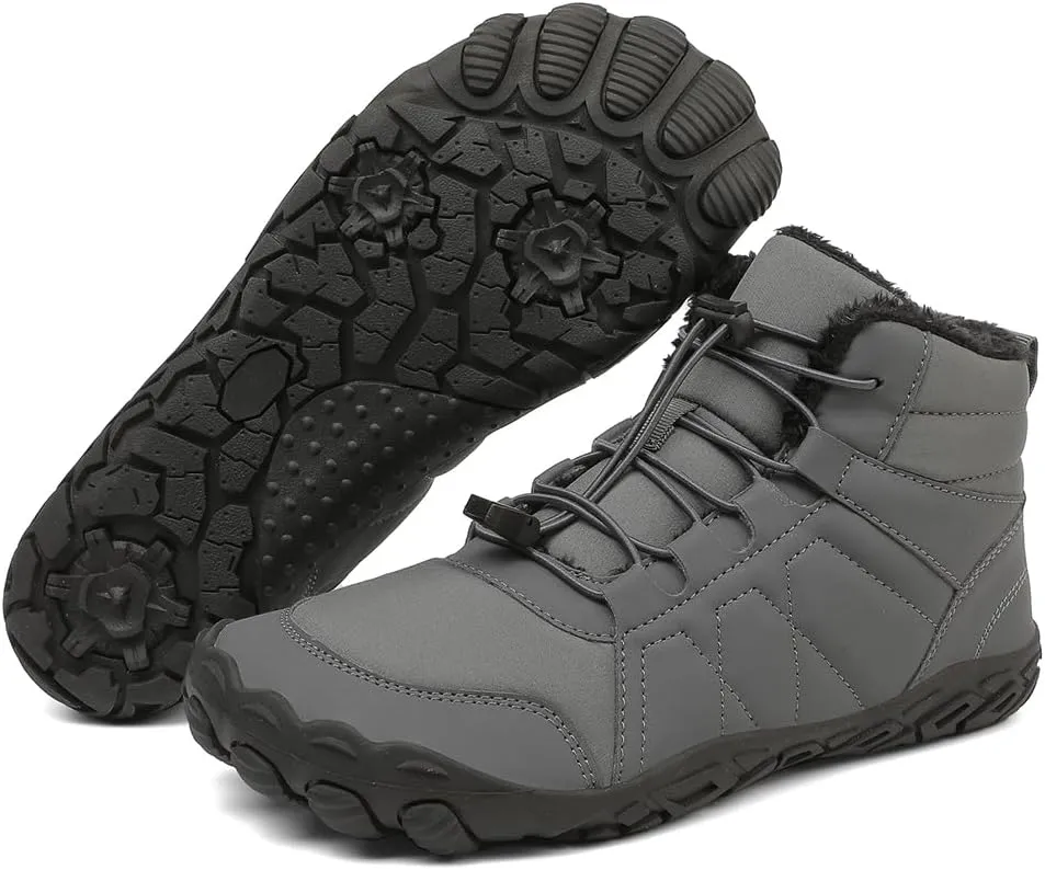 Hike Winter Footwear Barefoot Boots Mens Womens, Waterproof Winter Snow Boots, Warm Ankle Booties, Wide Toe Barefoot Hiking Boots, Non-Slip Zero Drop Sole Hiking Shoes, Size 10.5 Women/9 Men, Grey