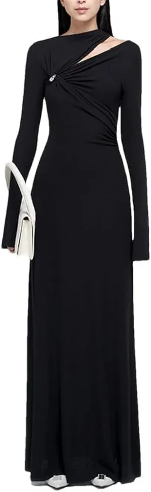 Hollow Out Slimming Formal Dresses for Women Elegant Long Sleeve High Waist Solid Color Dresses