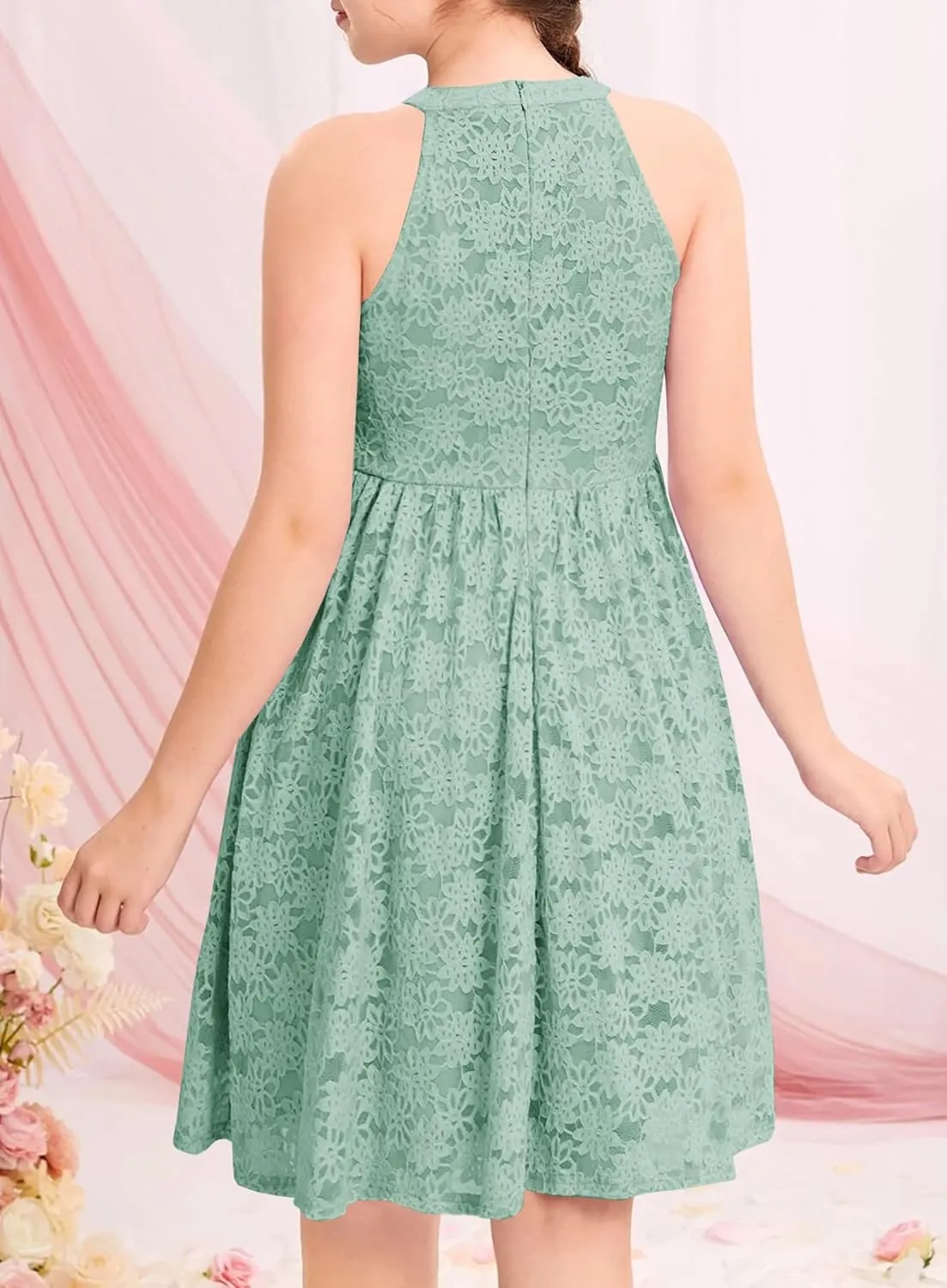 HOSIKA Girls Halter Neck Sleeveless Elegant Floral Lace A-line Flared Swing Party Dress for 6-12 Years Kid