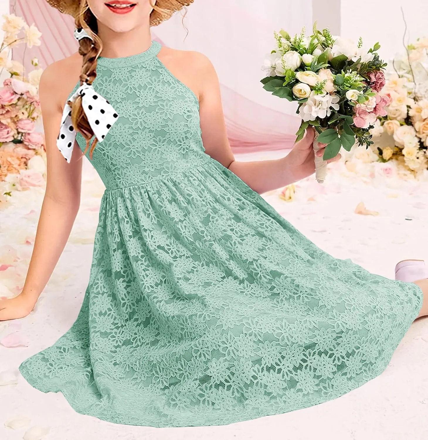 HOSIKA Girls Halter Neck Sleeveless Elegant Floral Lace A-line Flared Swing Party Dress for 6-12 Years Kid