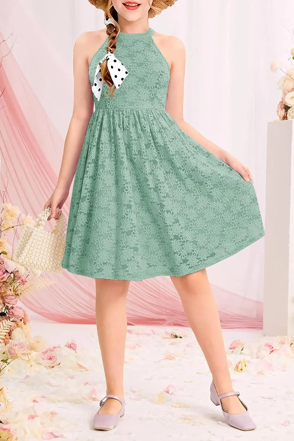 HOSIKA Girls Halter Neck Sleeveless Elegant Floral Lace A-line Flared Swing Party Dress for 6-12 Years Kid