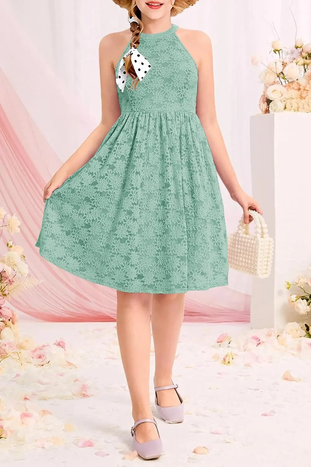 HOSIKA Girls Halter Neck Sleeveless Elegant Floral Lace A-line Flared Swing Party Dress for 6-12 Years Kid
