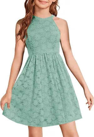HOSIKA Girls Halter Neck Sleeveless Elegant Floral Lace A-line Flared Swing Party Dress for 6-12 Years Kid