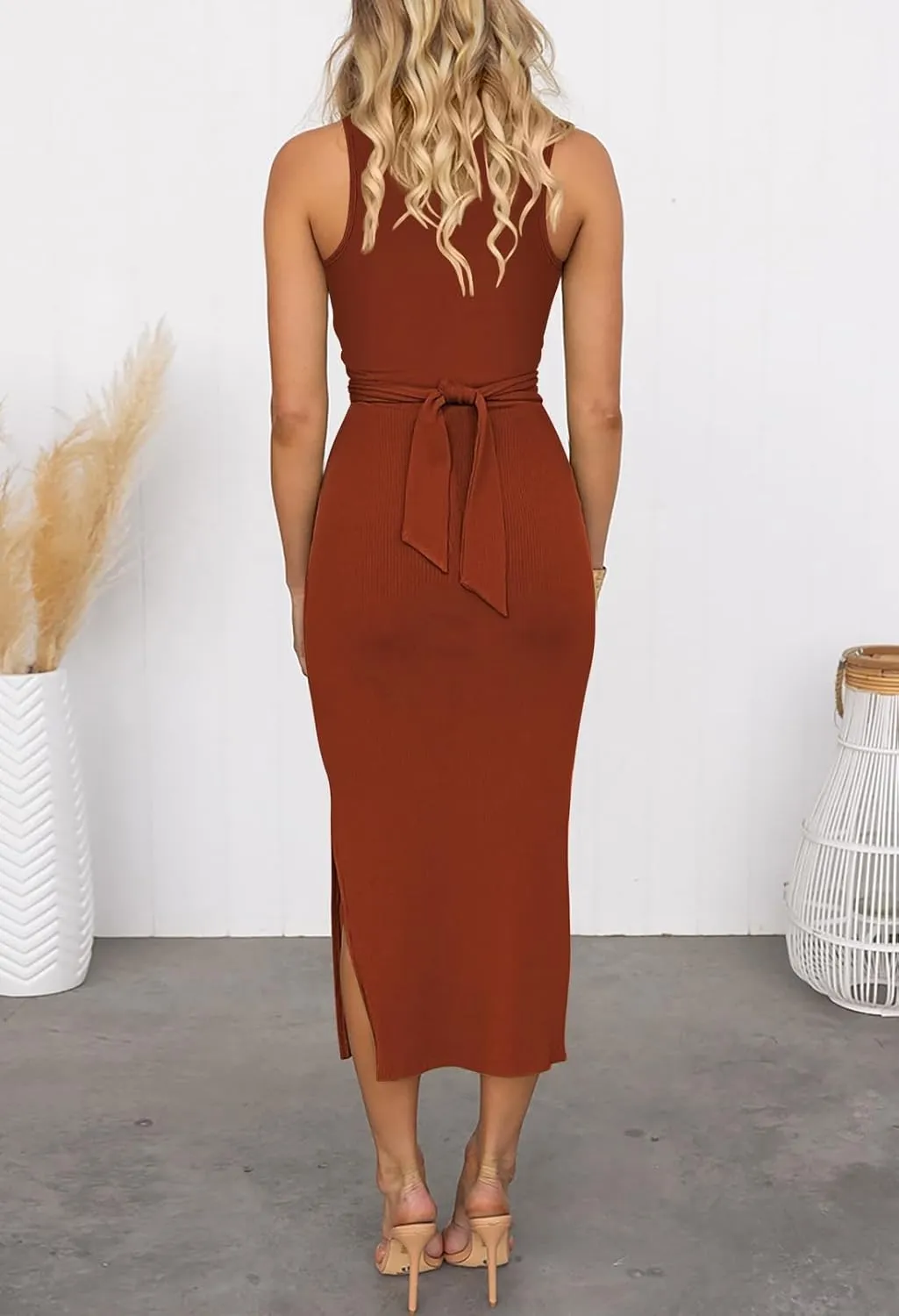 HUUSA Women's Sexy Sleeveless Cut Out Slim Bodycon Dress Crewneck Crisscross Twist Ruched Slit Ribbed Knit Tank Midi Dress