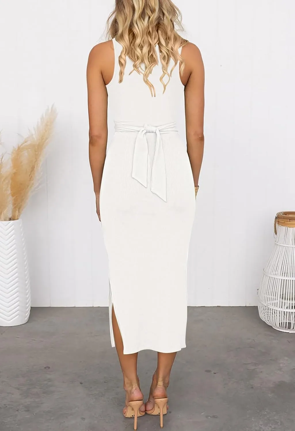 HUUSA Women's Sexy Sleeveless Cut Out Slim Bodycon Dress Crewneck Crisscross Twist Ruched Slit Ribbed Knit Tank Midi Dress