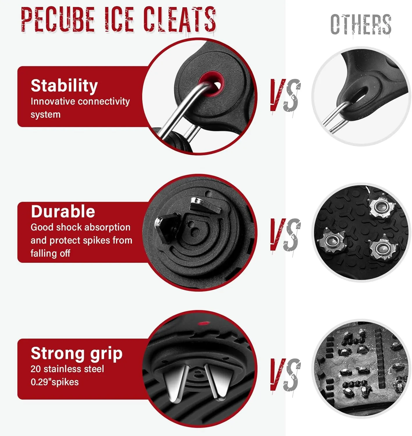 Ice Cleats for Shoes and Boots Men Women Trail Running 20 Stainless Steel Spikes Anti-Slip Footwear Traction Cleats Snow Grips Crampons for Hiking Ice Fishing Walking on Snow