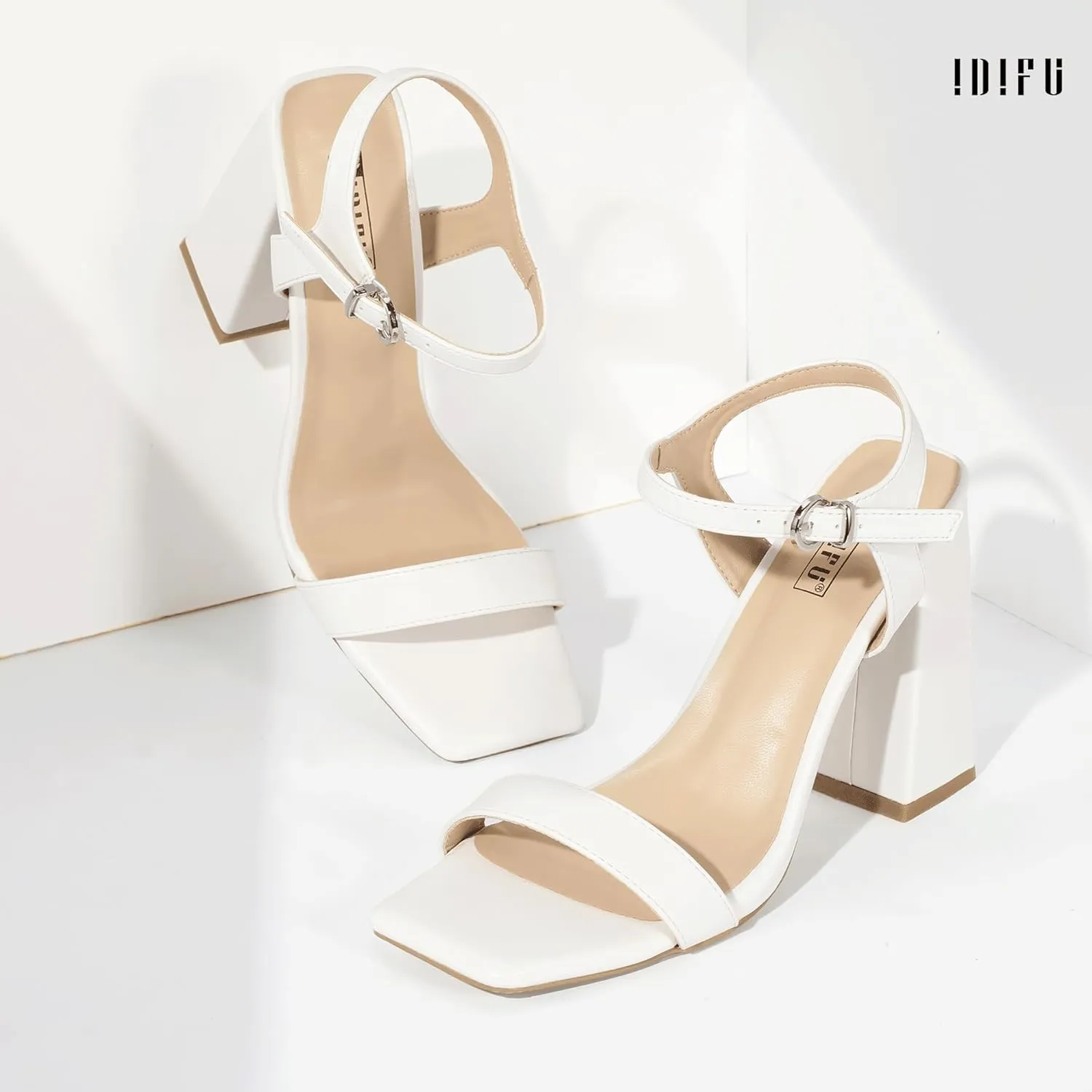 IDIFU IN4 High Heels for Women Dressy Chunky Block Square Open Toe Heeled Sandals Slingback Thick Sexy Womens Dress Sandals Wedding Prom Summer Bridal Bride Comfortable Strappy Ankle Strap Heels