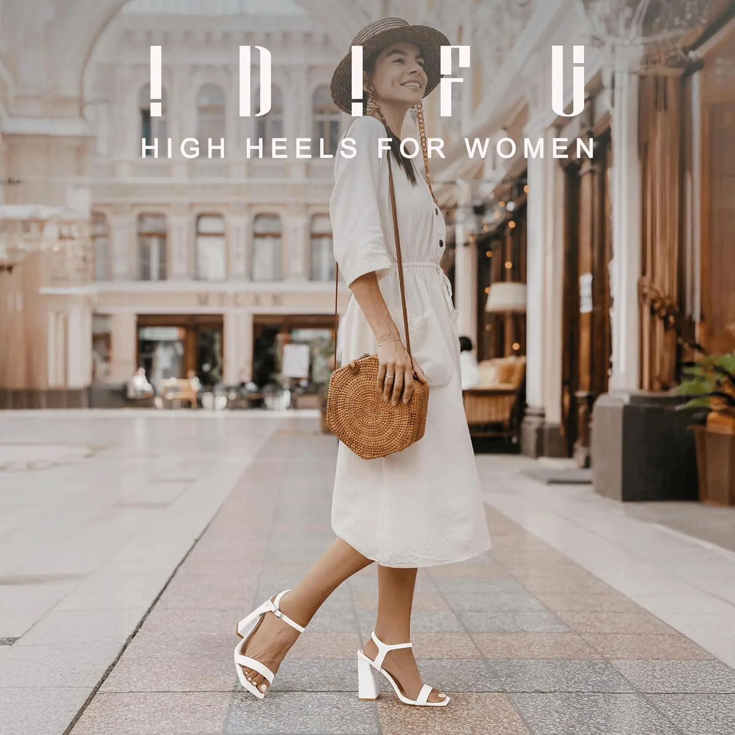 IDIFU IN4 High Heels for Women Dressy Chunky Block Square Open Toe Heeled Sandals Slingback Thick Sexy Womens Dress Sandals Wedding Prom Summer Bridal Bride Comfortable Strappy Ankle Strap Heels