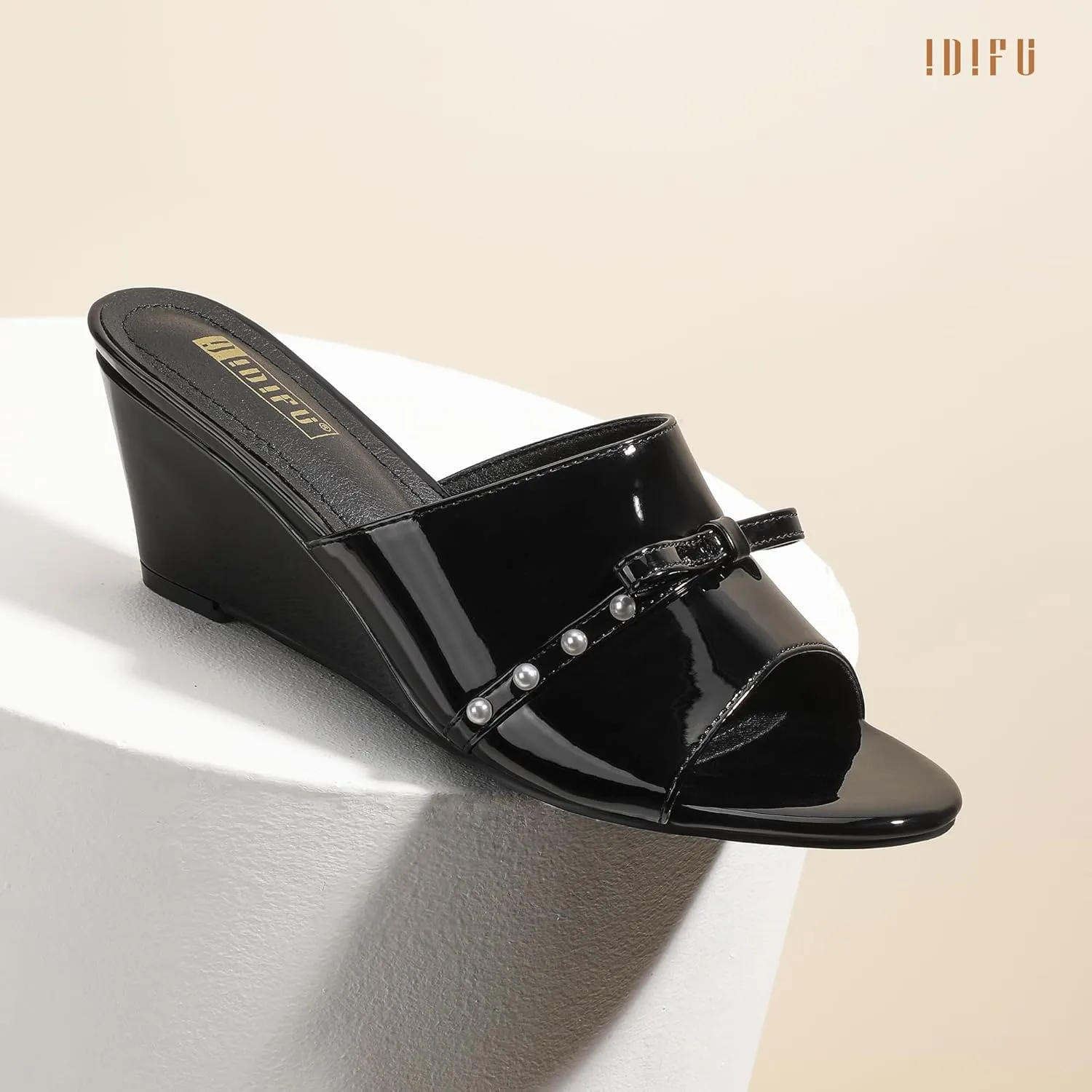 IDIFU Women's Wedge Sandals Bow Pearl Low Heels Open Toe Slip On Slide Dress Sandals for Women Ladies Bride Comfortable Dressy Cute Trendy Summer Work Wedding Wedges Heels Sandals