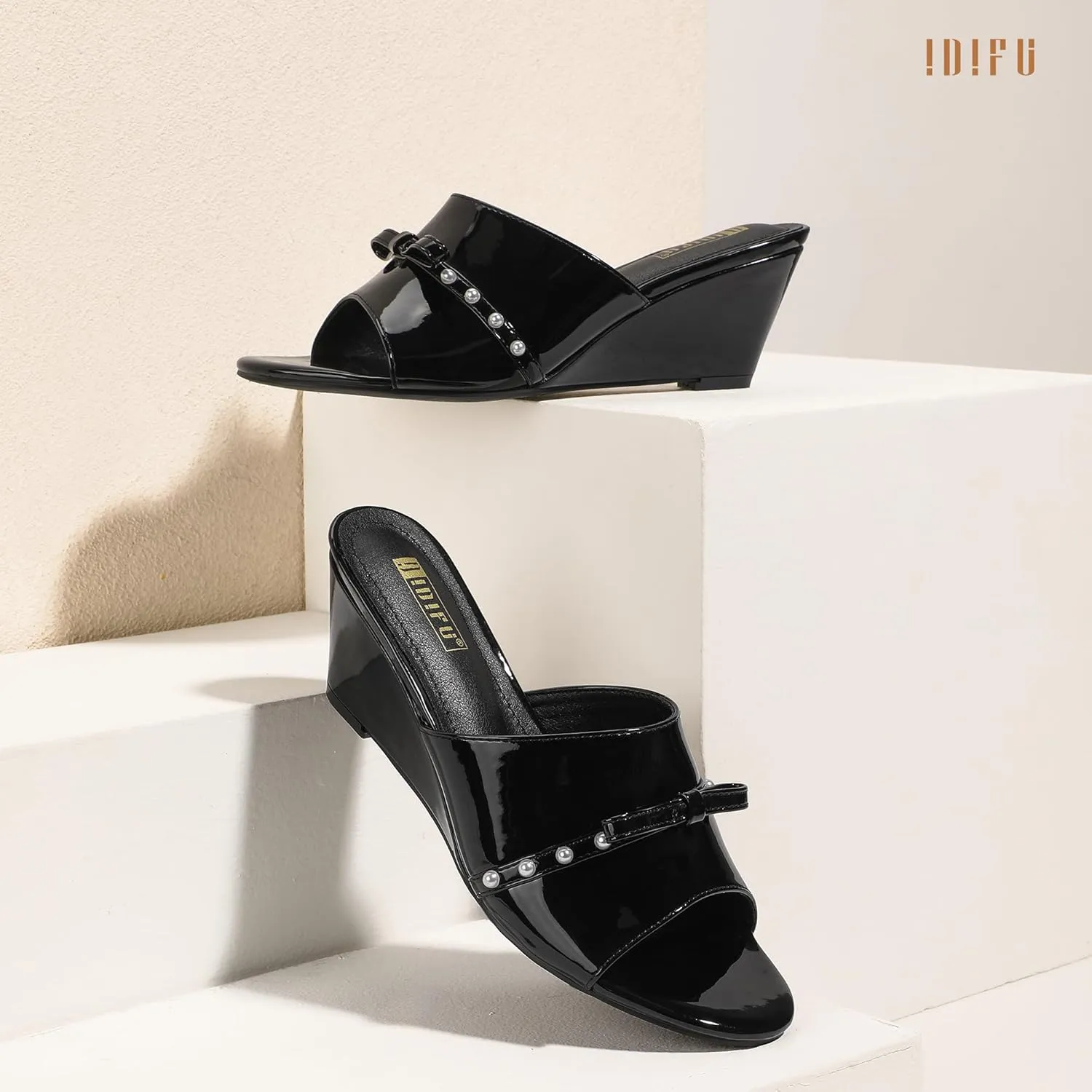 IDIFU Women's Wedge Sandals Bow Pearl Low Heels Open Toe Slip On Slide Dress Sandals for Women Ladies Bride Comfortable Dressy Cute Trendy Summer Work Wedding Wedges Heels Sandals