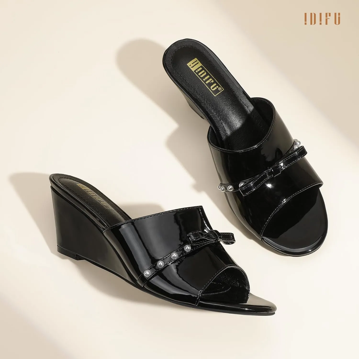 IDIFU Women's Wedge Sandals Bow Pearl Low Heels Open Toe Slip On Slide Dress Sandals for Women Ladies Bride Comfortable Dressy Cute Trendy Summer Work Wedding Wedges Heels Sandals