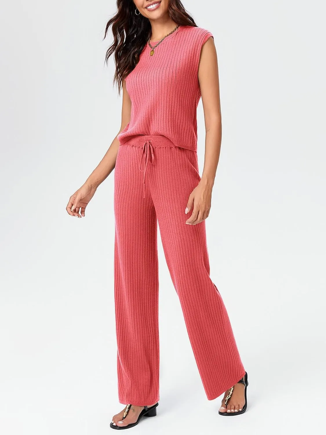 Imily Bela Womens 2 Piece Outfits Sweater Sets Knit Summer Casual Crewneck Sleeveless Tops Wide Leg Pants Tracksuits