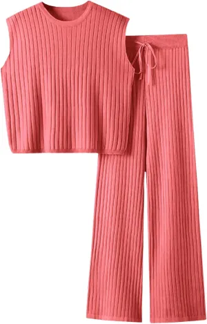 Imily Bela Womens 2 Piece Outfits Sweater Sets Knit Summer Casual Crewneck Sleeveless Tops Wide Leg Pants Tracksuits