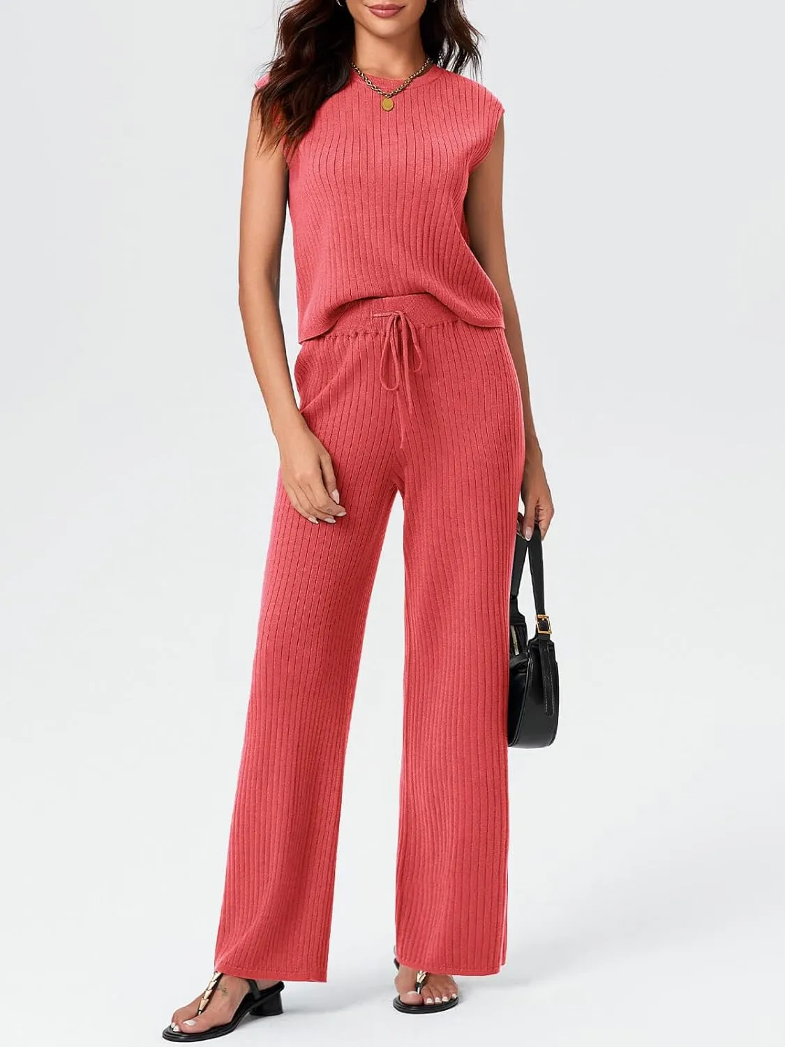 Imily Bela Womens 2 Piece Outfits Sweater Sets Knit Summer Casual Crewneck Sleeveless Tops Wide Leg Pants Tracksuits