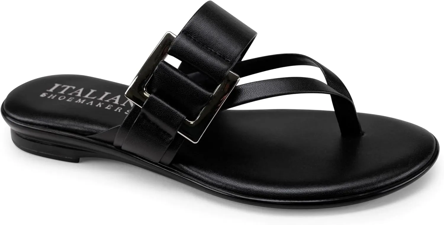 ITALIAN Shoemakers Corinne Womens Flat Sandal with Buckle Thong Sandal Black 6